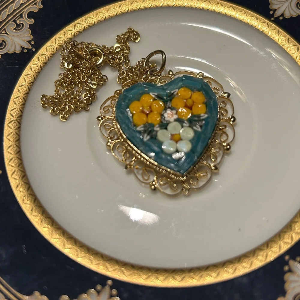 Vintage Micro-Mosaic Heart Pendant Necklace
